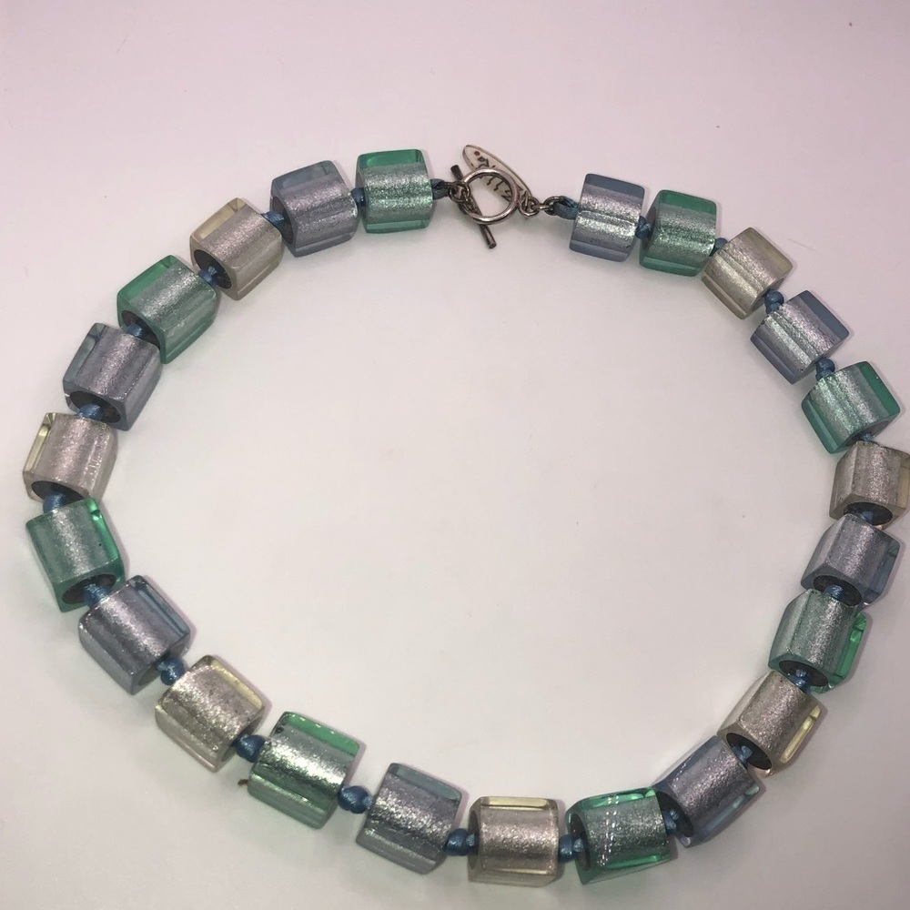 Zahara Pastel Blue Lucite Metallic Foil Cube Knotted Toggle Clasp Necklace 19”